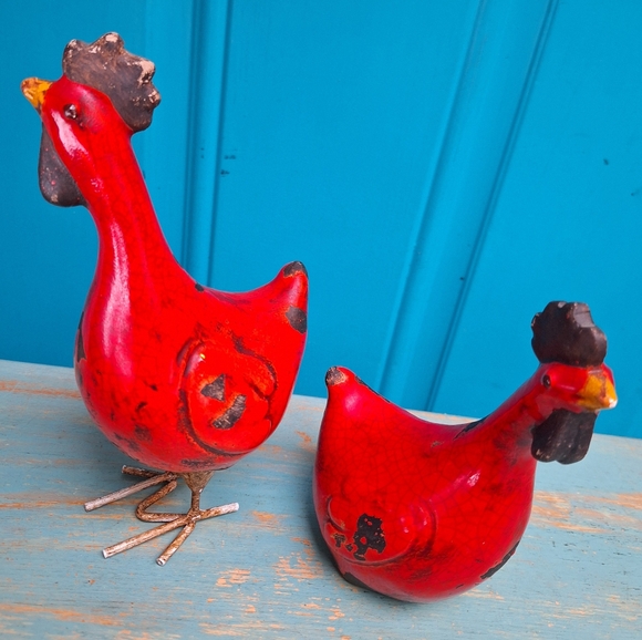 Chickens Rooster Bird Figurines Set of 2 Glazed Pottery Clay Crackled Vintage - Picture 4 of 17